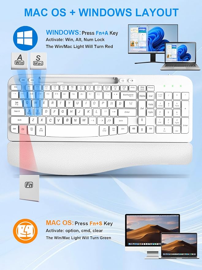 Wireless Keyboard and Mouse Combo, Wave Keys Computer Ergonomic Keyboard with Cushioned Plam Rest, Phone Holder, 2.4GHz Silent 6 Button Wireless Mouse Set for Laptop, PC, Windows, Mac (White)