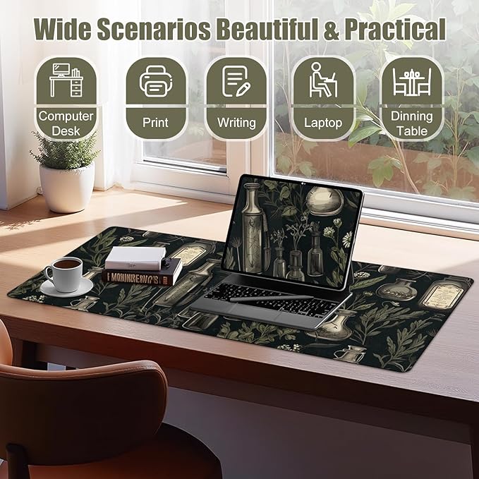 Dark Academia Desk Matt for Desktop, Mouse Pad Mat, Desk Mat for Keyboard and Mouse, Large Mouse Pad for Desk, Anti-Slip Big Mousepad with Stitched Edges, Mouse Mat for Computer, Mystical Green Plant