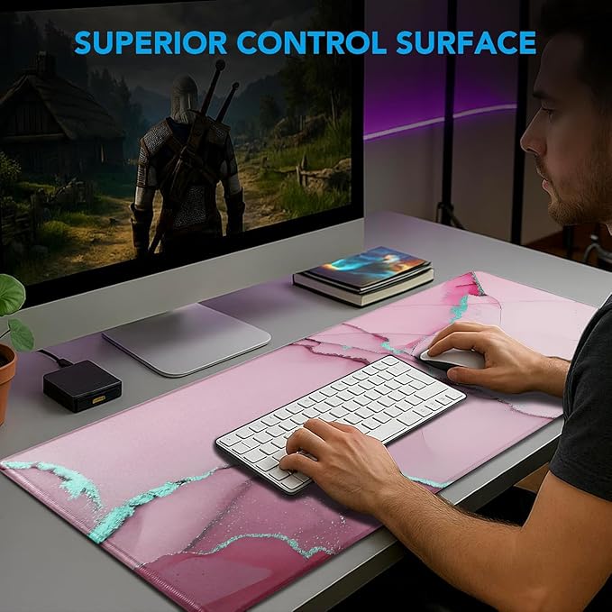 Large Mouse Pad, Gaming Pad with Non-Slip Rubber Base, Waterproof Mousepad with Stitched Edges, XXL Computer Long Keyboard Mouse Mat for Gamer, Office & Home, 31.5" x 15.7", Marble Pink