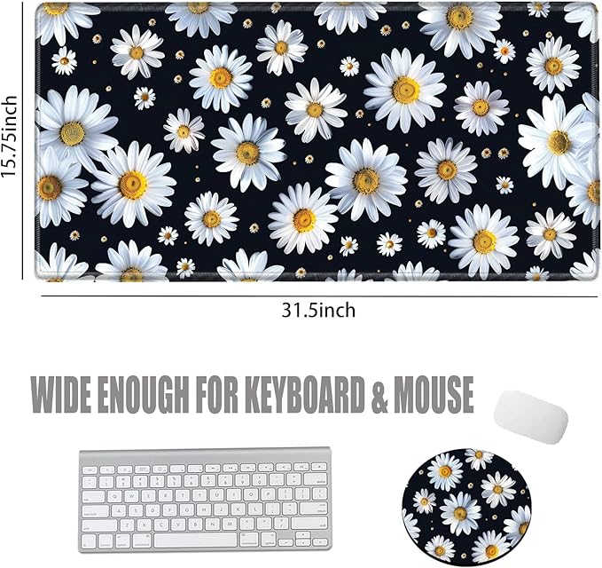 Large Mouse Pad Gaming Desk Pad Daisy Mousepad for Wireless Mouse XXL 31.5''X15.75'' Big Desk Mats Extended Mouse Mat of Girl Desktop Computer with Coaster