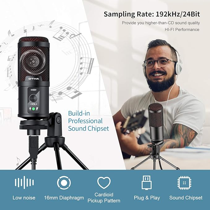 OTHA USB Microphone, Gaming Condenser Microphone, PC Mic for Podcasts Videos with Tripod Stand, Professional Microphone 192kHz/24Bit Plug & Play for Podcast, Streaming, Studio