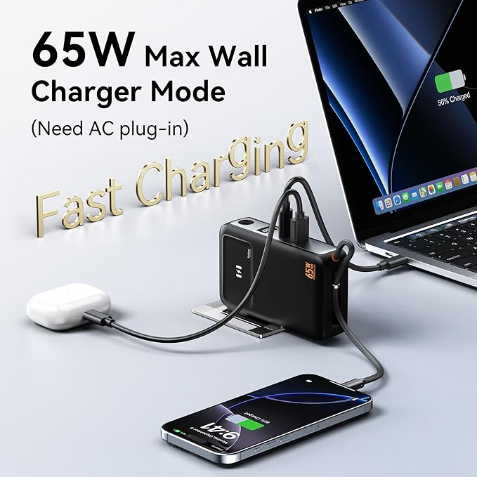Selore&S-Global 3-in-1 Portable Phone Charger with Wall Plug, 10000mAh USB-C Power Bank with Built in Cable, 35W Portable Battery Pack for iPhone Samsung Android & 65W Wall Charger for Laptop MacBook
