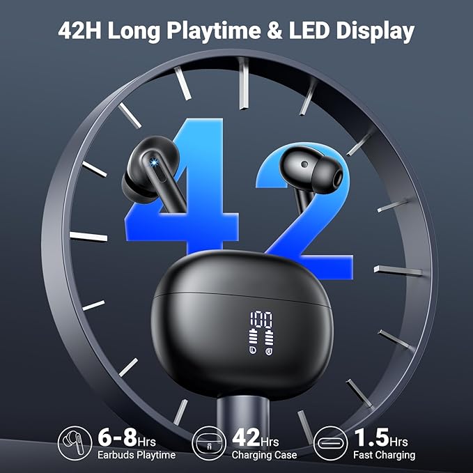 Wireless Earbuds,2025 Bluetooth 5.3 Bass Stereo Headphones with 4 ENC Mic,42H Playtime Ear Buds with Charging Case LED Display,Sport Earphones IPX7 Waterproof for iPhone, Android, Pad, Sports and Work