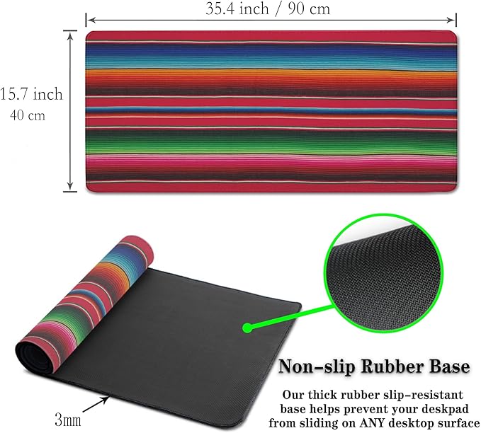 Desktop Mat Colorful, Desk Mouse Pad Gaming Desk Mats, Office Items Non-Slip Rubber Base Waterproof with Stitched Edges, 35.4 X 15.7 inch for Work/Game/Office/Home Mexican Stripes Style