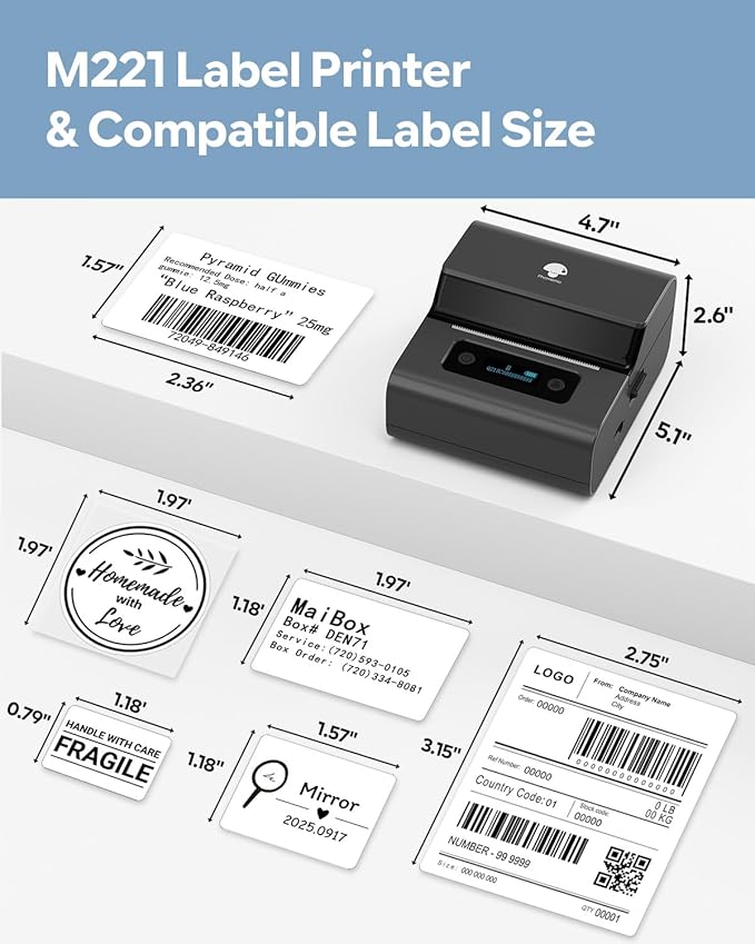 Phomemo M221 Label Maker Machine with 3 Tapes, 3 Inch Bluetooth Thermal No Ink Label Maker for Address, Barcode, Small Business, Home for Phone/PC, Space Gray, with 430 Pieces Labels