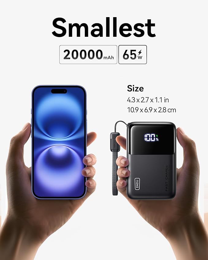 INIU 20000mAh 65W Power Bank + 45W Portable Charger with Built-in USB C Cable