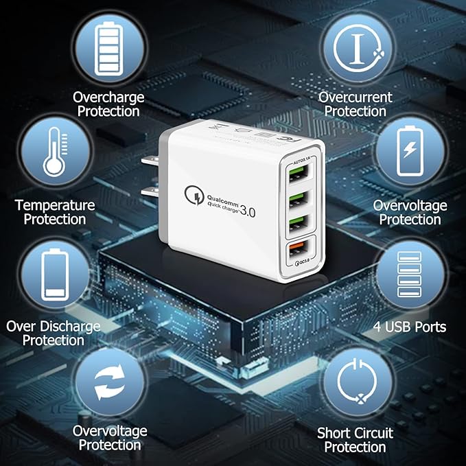 USB Charger 40W Quick Charge 3.0, CARZONJX 5V/3.1A 4 Port Fast Charging Block [with LED Light] Wall Charger Plug Cube for Galaxy/Note/Edge, iPhone 17 16 15 14 13 12 11 X 8, iPad, LG, Moto, Switch