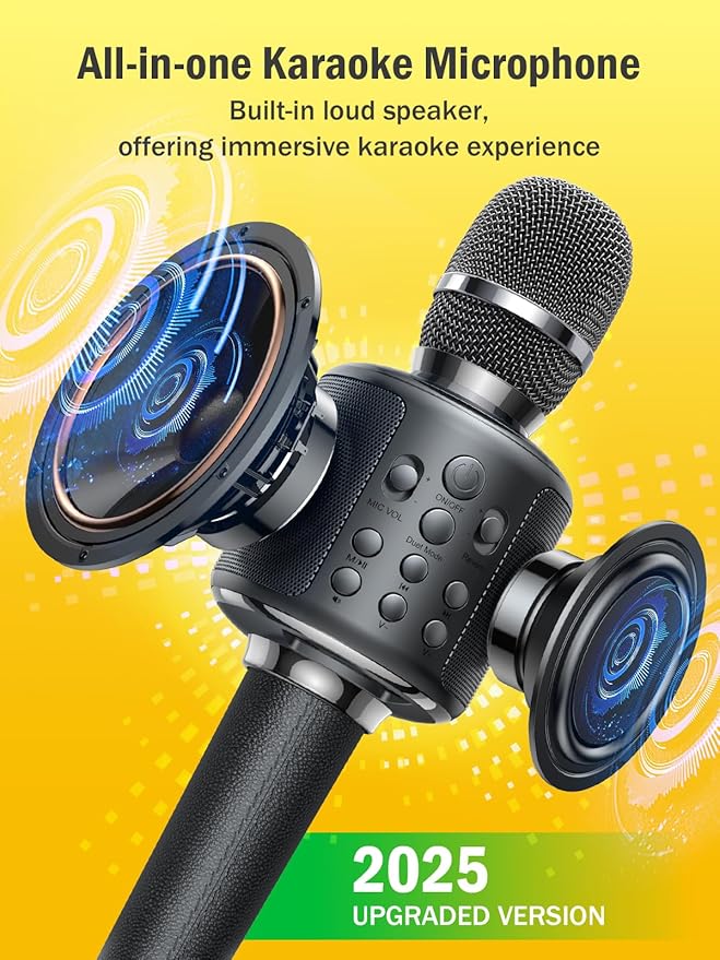 Wireless Bluetooth Karaoke Microphone, Built-in Loud Speaker for 10H Playback, Add Reverb/Duet Mode/Earbuds Monitoring, Portable Karaoke Machine for Entertainment & Singing Practice (Black&Red)