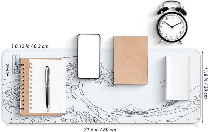 Gaming Mouse Pad, Large 31.5 x 11.8 inches Mousepad, Long Keyboard Pad, Cute Mouse Mat for Computer with Stitched Edges and Non-Slip Base (Japanese Grey White Wave)