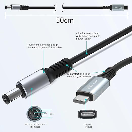 USB C to DC 5.5mm x 2.1mm Power Charging Cord for Laptop (5521), 20V USB Type C Male Input to DC 5.5 x 2.1mm Male Power Charging Cable up to 100W, Work with PD Charger and PD Power Bank (1.7ft)