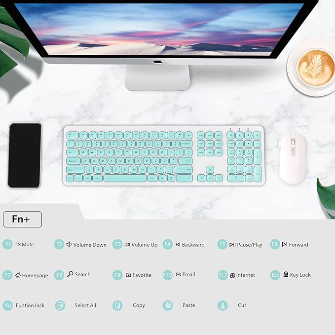 Cimetech Wireless Keyboard - 2.4G Full Size with Number Pad, Silent Ergonomic, 110 Keys, for Laptop, Desktop, PC, Mac, Windows 10/8/7/XP (Aqua Green)