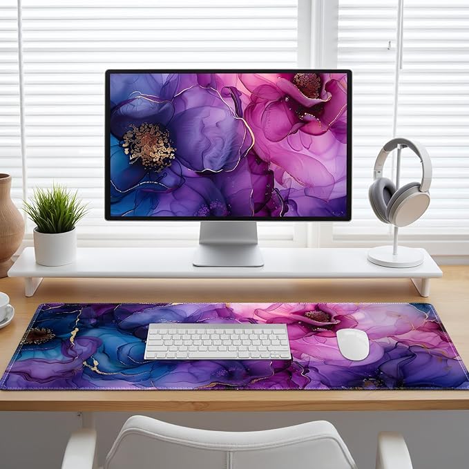 Desk Matt for Desktop, Desk Pad Mat, DeskMat for Keyboard and Mouse, XXL Large Mouse Pad for Desks, Anti-Slip Big Mousepad with Stitched Edges, Mouse Mat Protector for Computer Laptop, Painting Floral
