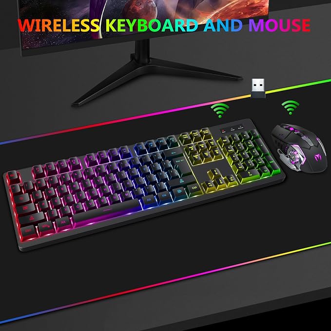 Wireless RGB Gaming Keyboard and Mouse - Rechargeable RGB Backlit,Long Battery Life,Mechanical Feel,7 Color Gaming Mouse for PC Game and Work