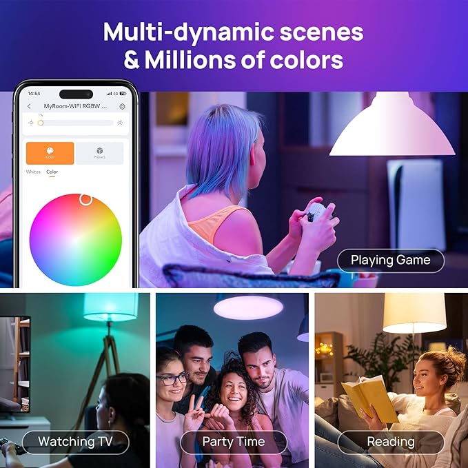 Consciot Smart Light Bulbs, A19 E26 Color Changing LED Bulbs, WiFi & Bluetooth, Matter-Certified, Works with Alexa, Google Home & Siri, No Hub Required, Music Sync, 800 Lumens 60W Equivalent, 4 Pack
