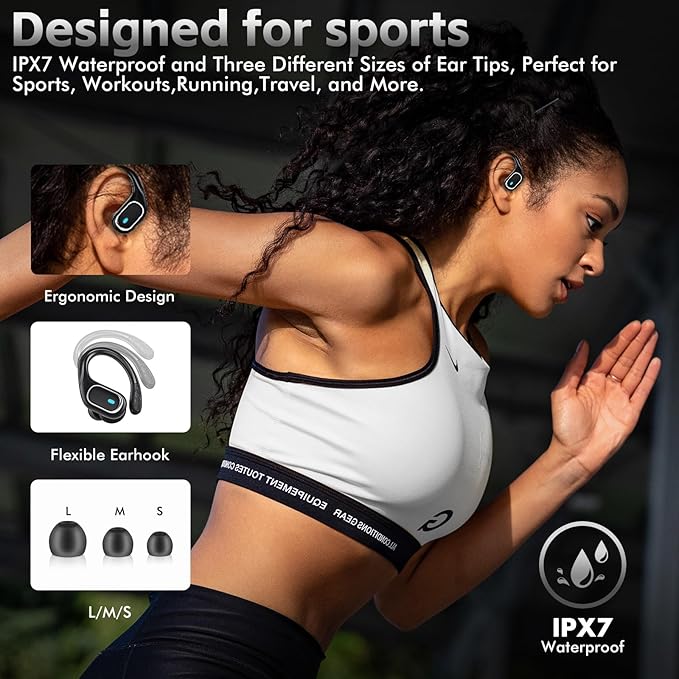 Wireless Earbuds Bluetooth 5.3 Headphones with 80H Playback, IPX7 Waterproof Over Ear Buds with LED Power Display for Sports Running Workouts