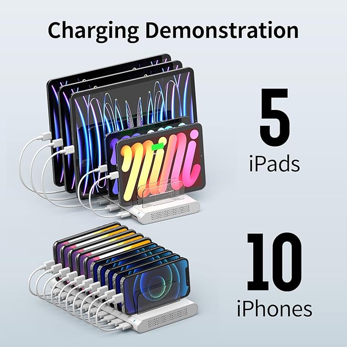Unitek Charging Station for Multiple Devices, 10-Port USB Charger with SmartIC Technology and Adjustable Dividers, Organizer Stand Compatible with iPad, Tablet, Kindle, iPhone, White
