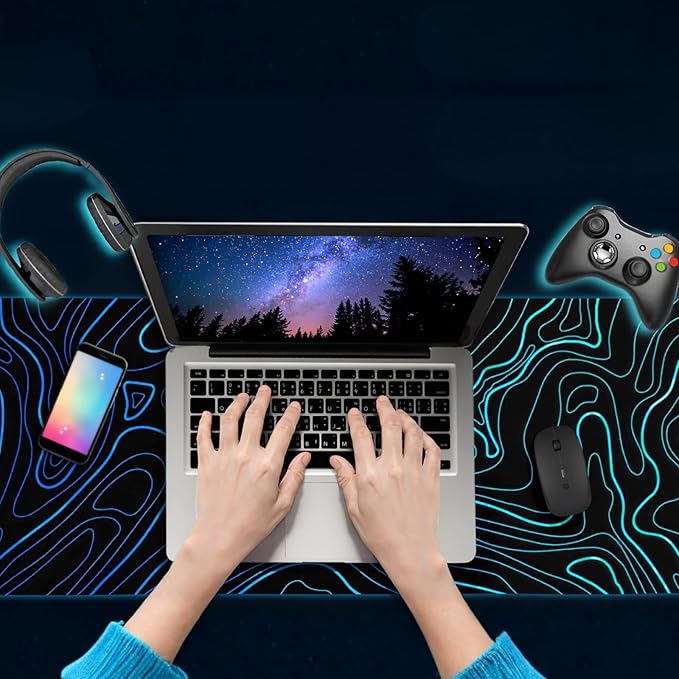 Topographic XXL Mouse Pad (47.2x23.6 Inch), Giant Gaming Desk Mat with Stitched Edges, Waterproof Non-Slip Full Desk Pad, Aesthetic Blue Line Art Decor