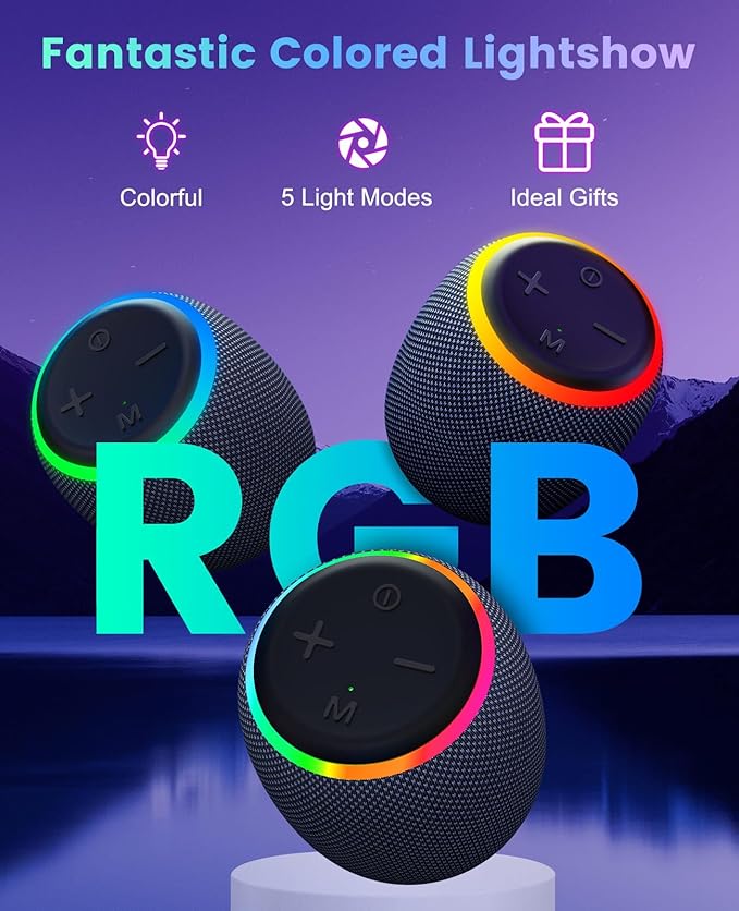 LENRUE Portable Bluetooth Speakers, Wireless Speakers with TWS, IPX5 Waterproof, Colorful Lights, Support Type C and TF Card, Portable for Shower, Travel, Party