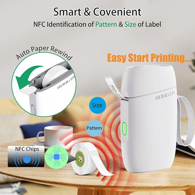 Rongta Label Maker Machine with Tape, Bluetooth Label Printer, Wireless Mini Label Makers with Multiple Templates for Organizing School Office Home, (White)