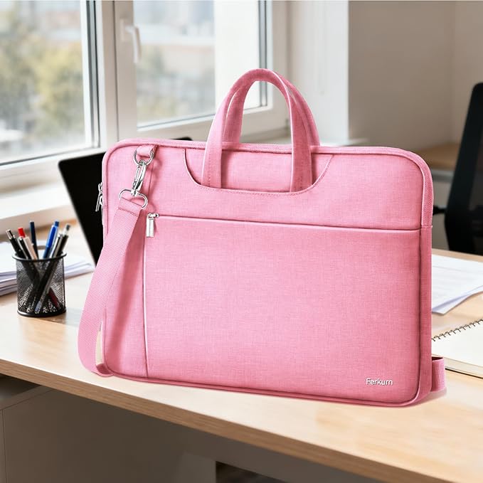 Ferkurn Laptop Case Bag Women Men Computer Sleeve with Shoulder Compatible with HP/Inspiron/Thinkpad/Vivobook/MSI/Surface, 17.3 inch, Pink