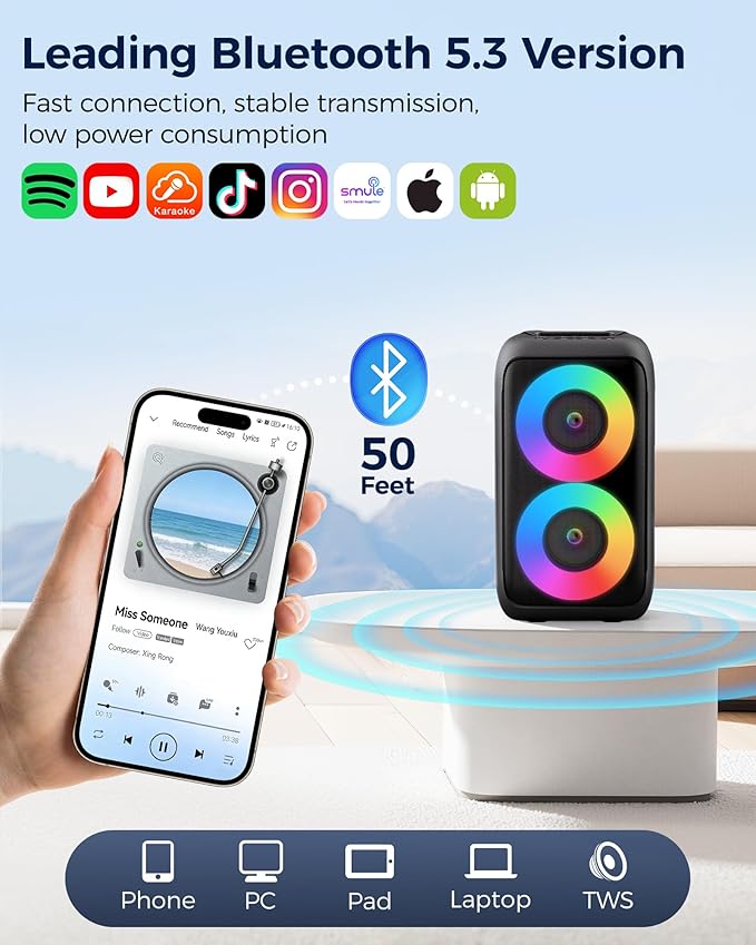 Bluetooth Speaker，Portable Party Speaker with Colorful Lights，Wireless Speaker with HD Loud,Surround Sound Systems Support TWS/AUX/USB/TF Card Ideal for Party,Home,Outdoor Camping