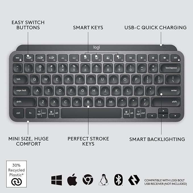 Logitech MX Keys Mini Minimalist Wireless Illuminated Keyboard, Compact, Bluetooth, Backlit, USB-C, Compatible with Apple macOS, iOS, Windows, Linux, Android, Metal Build - Graphite
