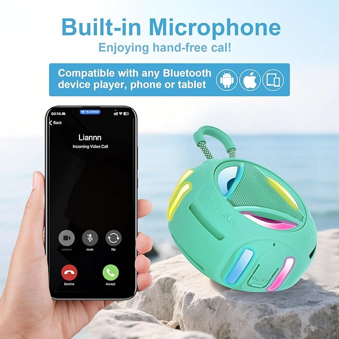 Portable Bluetooth Speaker, IPX7 Waterproof Shower Speaker, Wireless Outdoor Speakers, Floating, Built-in Mic, 24H Playtime with LED Lights, Loud HD Sound, Powerful Bass, Gifts for Unisex - Sky Blue