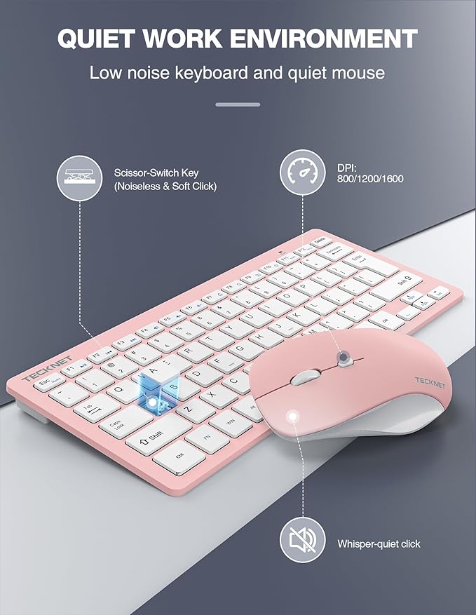 TECKNET Wireless Keyboard and Mouse Combo, Mini Cordless Computer Keyboard and Mouse Set 2.4GHz, Silent Adjustable 1600 DPI, Quiet Click, Lag-Free for Computer, Laptop, PC, Windows, Mac, Chrome OS