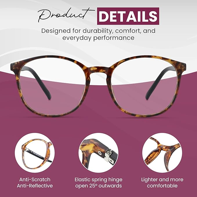 LifeArt Round Blue Light Blocking Glasses, Computer Glasses, Gaming Glasses, TV Glasses for Women Men (Tortoise, 4.00 Magnification)