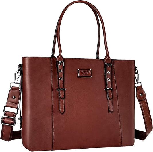 MOSISO Laptop Bag for Women, Waterproof Vintage PU Leather Briefcase Shoulder Computer Laptop Tote Bag for Office Work