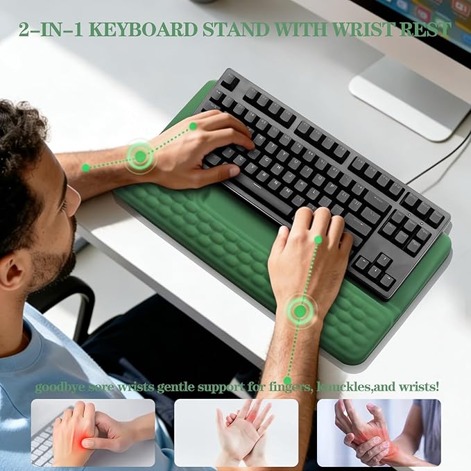 Ergonomic Keyboard Stand with Wrist Rest, Computer Wrist Support Pad, Tilted Keyboard Riser Holder Lift Tray with Wrist Pad, Easy Typing, Comfy Soft Memory Foam Desk Cushion for Office (03- Green)