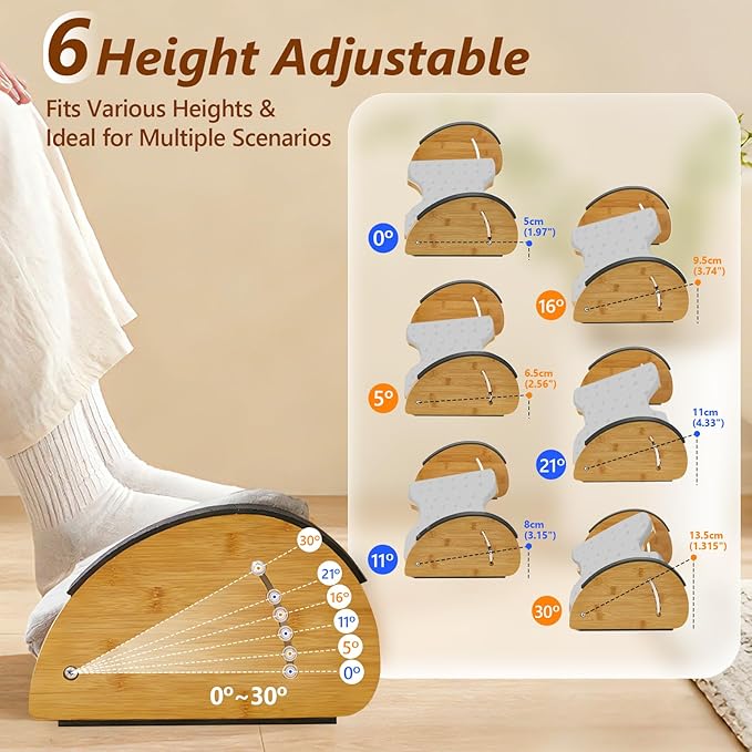 Foot Rest Under Desk, Under Desk Footrest, Foot Stool for Couch, Office Home, Gaming, 4-in-1 Bamboo Desk Foot Rest with 6 Adjustable Heights & Massage Cushion & Relieve Pressure on Legs, Waist & Back