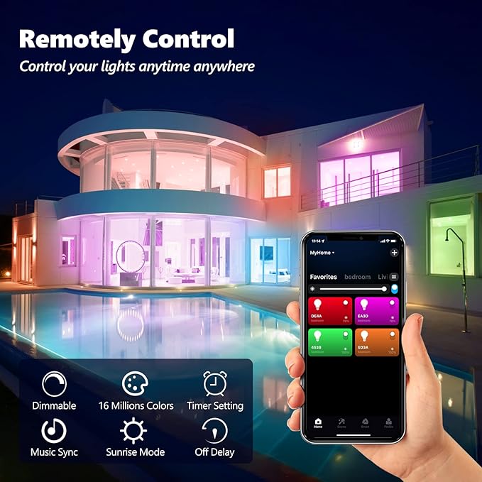 Smart Light Bulbs, WiFi & Bluetooth 5.0, Work with Alexa Google Assistant, App Control, Color Changing LED Bulb, E26 800LM Dimmable RGB Lights, Smart Home Lighting, Dimmable, 4Pack