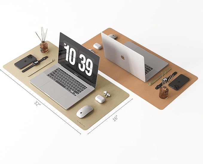 RENMTURE Desk Pad, Cork & PU Leather Desk Mat, Large Mouse pad, Non-Slip Desk Protector and Blotter, Waterproof Writing Pad, Desk Accessories and Organizers for Home Office (Golden,32"x16")