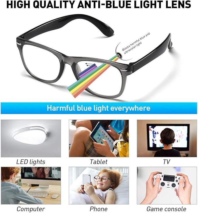 DYLB Kids Blue Light Blocking Glasses girls boys 2 pack, computer video gaming glasses for kids girls boys Age 3-9,Anti blue light & Headache (transparent black + transparent pink)