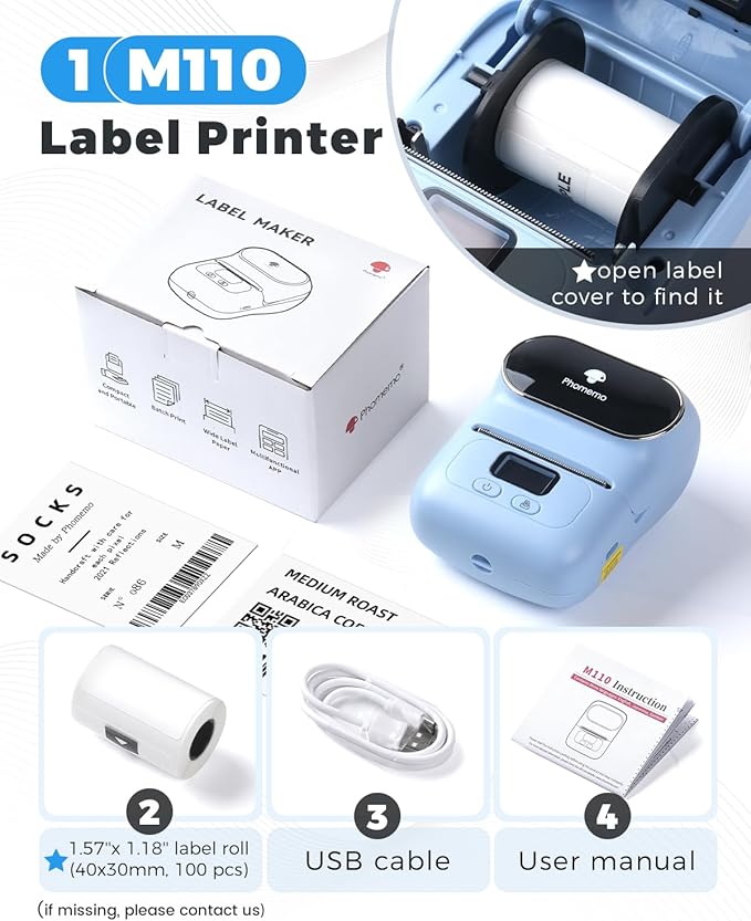 Phomemo Label Printer - M110 Barcode Printer, Upgraded Bluetooth Portable Thermal Label Maker for Product, Address, Small Business, Office, Home for Phone/Tablet/PC/Mac, with 100pcs Labels, Lake Blue