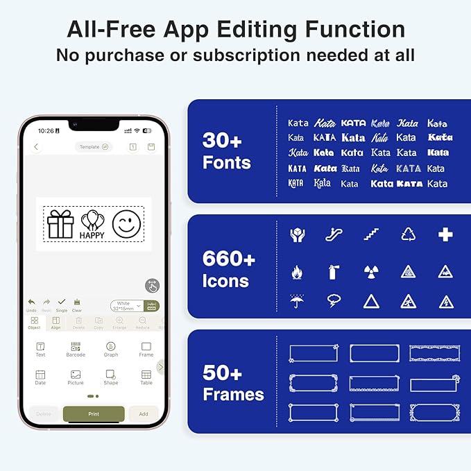SUPVAN E11 Bluetooth Label Maker Machine, Support Keyboard & App with 30+ Fonts and 660+ Icons, Rechargeable Inkless Labeler for Home, Kitchen, Office, School, Organization, Black