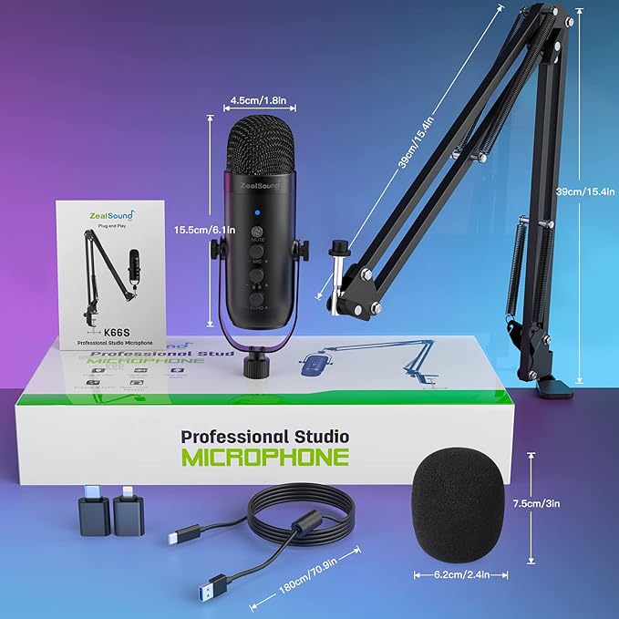 ZealSound Gaming Microphone for PC, USB Podcast Microphone with Noise Reduction, Mute & Gain Control, Zero-Latency Monitoring, Echo Control, Boom Arm, for Mac, iPhone, Stream, YouTube, TikTok, Discord