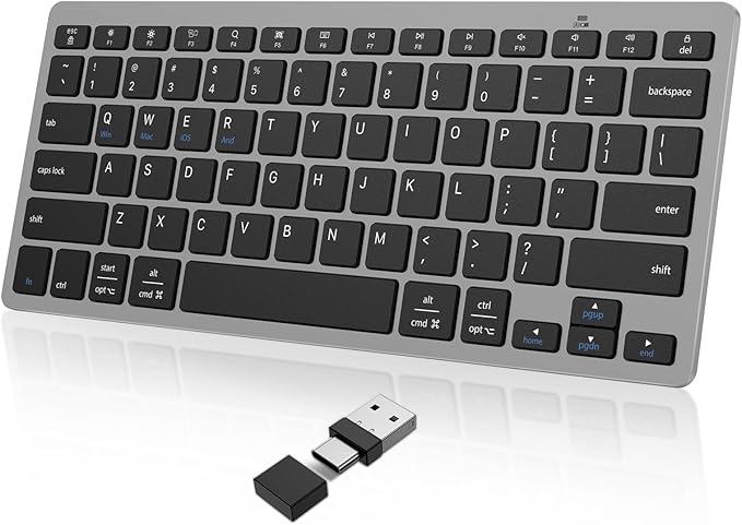 OMOTON 2.4G Wireless Keyboard, Ultra-Slim Compact Mini Keyboard with Type-C & USB-A Receiver, Compatible with Desktop Laptop Tablet PC Smart TV and Windows 11/10/8/7 - Grey