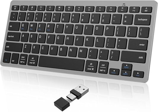 OMOTON 2.4G Wireless Keyboard, Ultra-Slim Compact Mini Keyboard with Type-C & USB-A Receiver, Compatible with Desktop Laptop Tablet PC Smart TV and Windows 11/10/8/7 - Grey