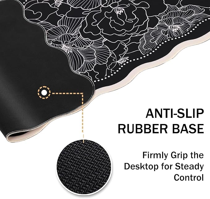 L-SPOUTTO Black Floral Mouse Pad,Vintage Aesthetic Scalloped Desk Mat XXL Large Gaming Mousepad,35.4x15.7in Non-Slip Keyboard Pad Waterproof Desktop Mat for Laptop Computer Work Game Home Office-Peony