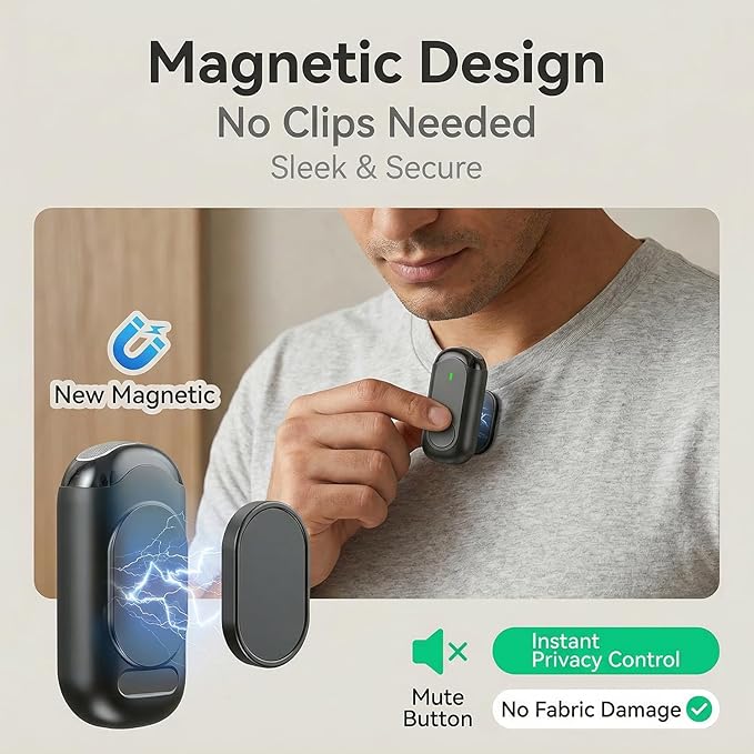 Wireless Lavalier Microphone for iPhone Android, Magnetic Mini Mic for Video Recording Live Stream, 2-in-1 Plug & Play Lapel Professional Mic for YouTube TikTok Vlog (2TX+1RX)