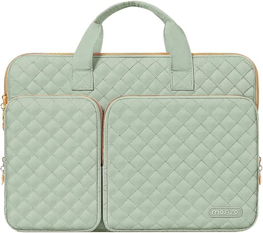 MOSISO 360 Protective Laptop Case 13.3 inch, 13-13.3 inch Laptop Sleeve Compatible with MacBook Air/Pro 13/Pro 14,HP Dell ASUS Lenovo, Square Quilted Bag Cover with 2 Pockets&Handle&Belt, Sage Green