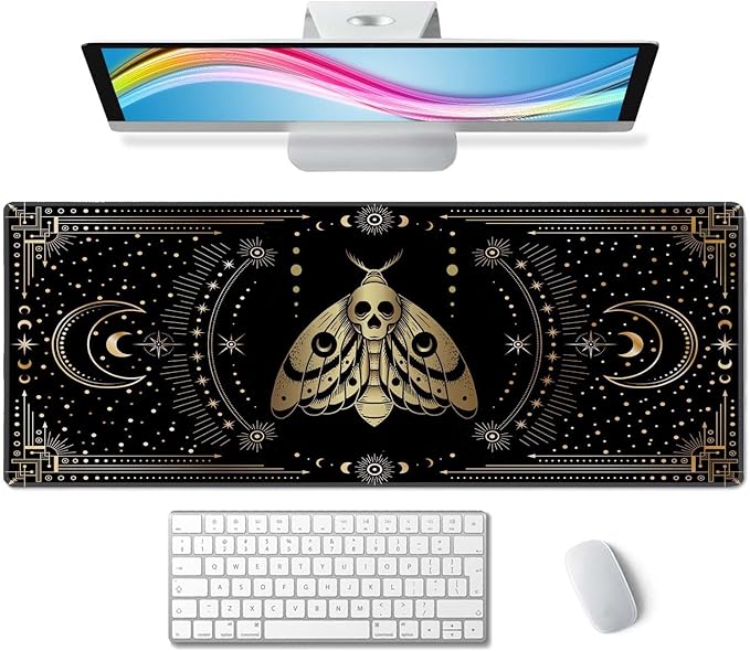 Moth Witch Desk Mat Moon Phases Large Mouse Pad XL Extended Gaming Mousepad Crescents Keyboard Mouse Mat Desk Pad for Computer Laptop 31.5''X11.8'' Non-Slip Rubber Base with Stitched Edges