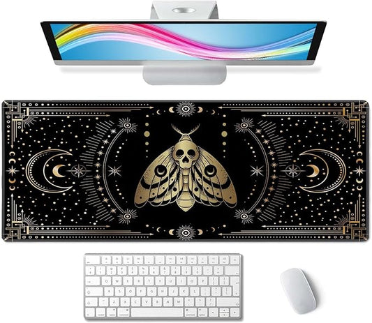 Moth Witch Desk Mat Moon Phases Large Mouse Pad XL Extended Gaming Mousepad Crescents Keyboard Mouse Mat Desk Pad for Computer Laptop 31.5''X11.8'' Non-Slip Rubber Base with Stitched Edges