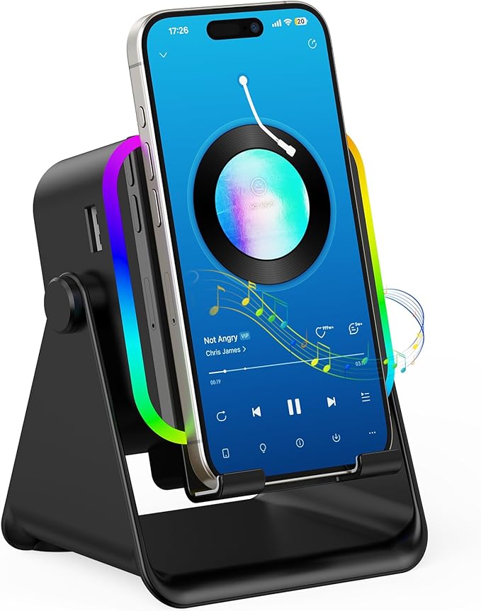 TARKARI Wireless Induction Speaker, 5 in 1 Bluetooth Speaker with Phone Stand, Charging Function 360° Rotation Phone Holder Compatible with iPhone Android iPad Samsung, Birthday Gifts for Men Women