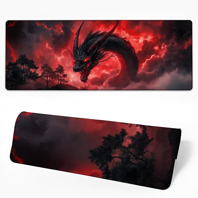 Desk Mat Red Black Dragon Desk Pad for Keyboard and Mouse, Large Mousepad with Stitched Edges for Work Game Office, 31.5 x 11.8 in