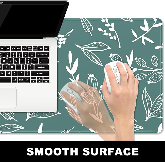BOSOBO XXL Extended Gaming Desk Mat - Desktop Full Cover 35.5 x 15.7 Inches, Minimalist Green Flowers