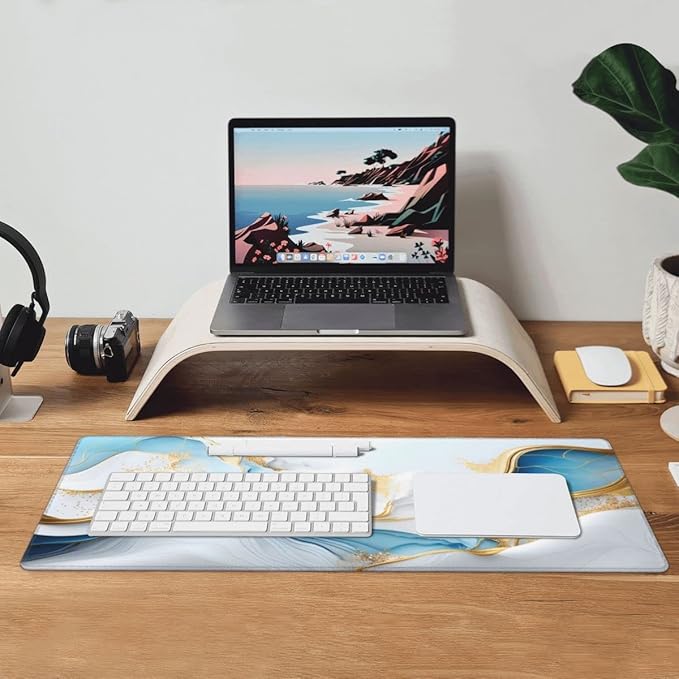 Desk Pad,Office Desk Mat 31.5"×11.8" Large Gaming Mouse Pad,Durable Extended Computer Mouse Pad,Waterproof Thick Big mouse Pads with Non-Slip Rubber Base Office Home Blue White Gold Marble