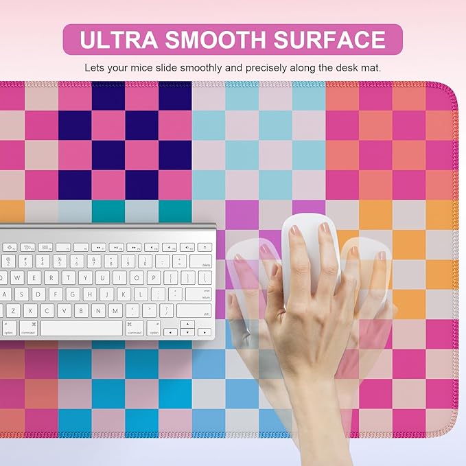 iLeadon Desk Mat Cute,Computer Desktop Mouse Pad,Colorful Checkered Desk Mouse Mat Extra Large,Long Full Rubber Base Mousepad with Stitched Edges,Keyboard Mat for Women Office,Home